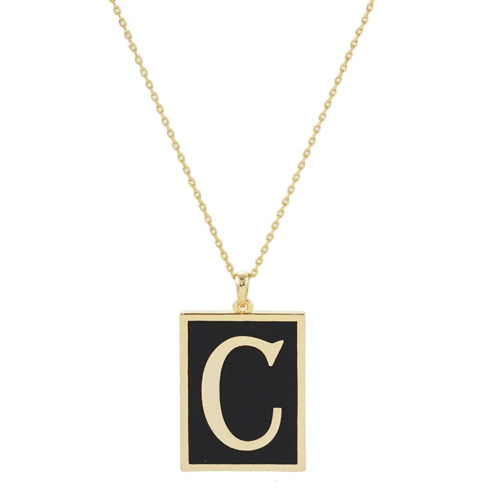 Black and Gold C Monogram Pendant Rectangle Frame Chain Necklace Initial Jewelry